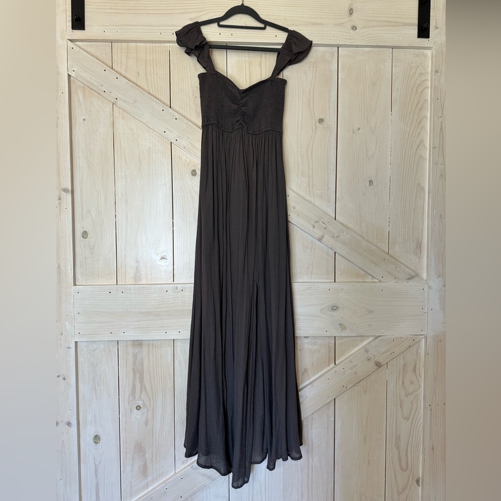 Long Gray Gauze Dress With Strechy Smocked Bust and Ruffle Straps
